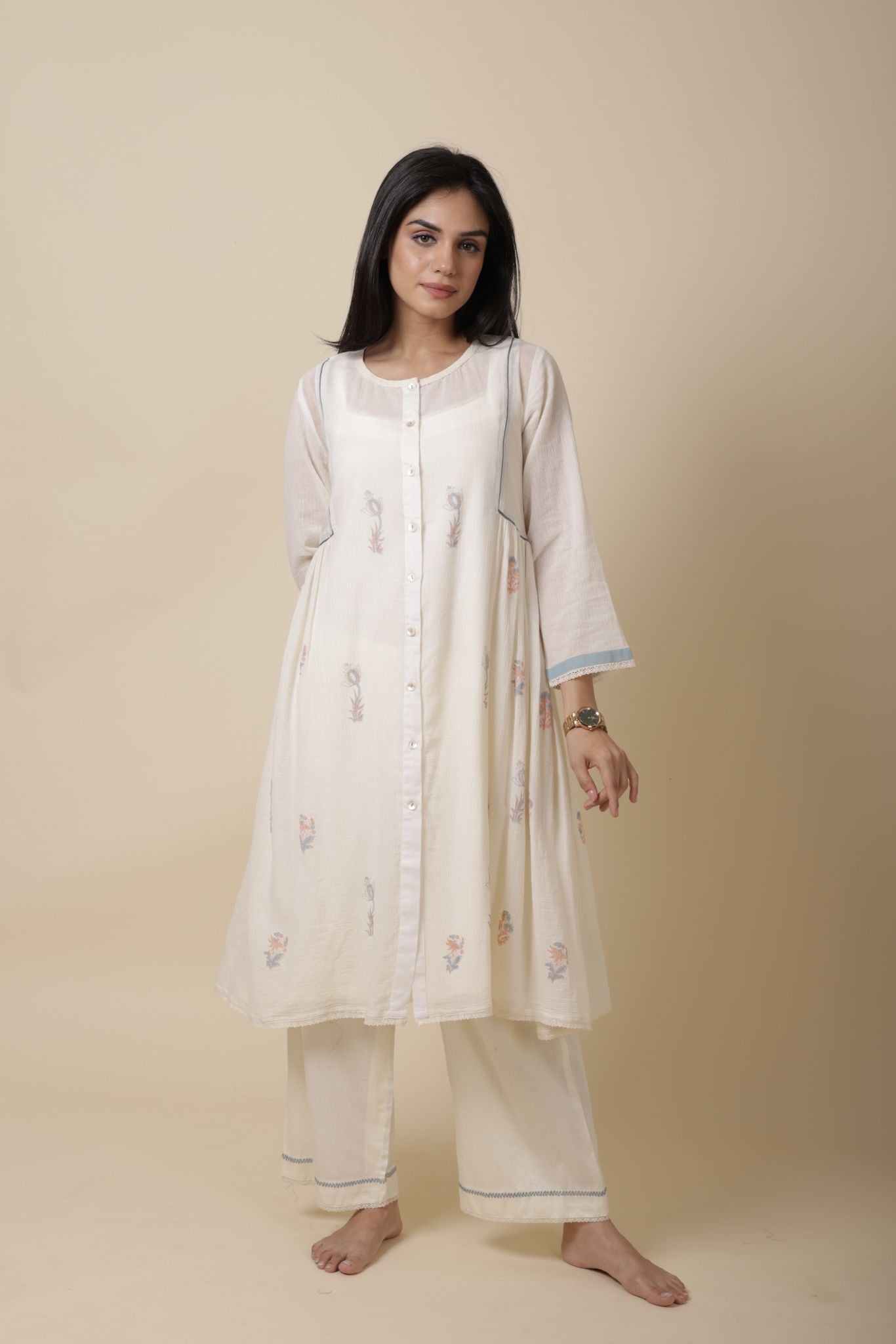 MIA WHITE BLOCK PRINTED CHANDERI SILK AND CREPE COTTON KURTA