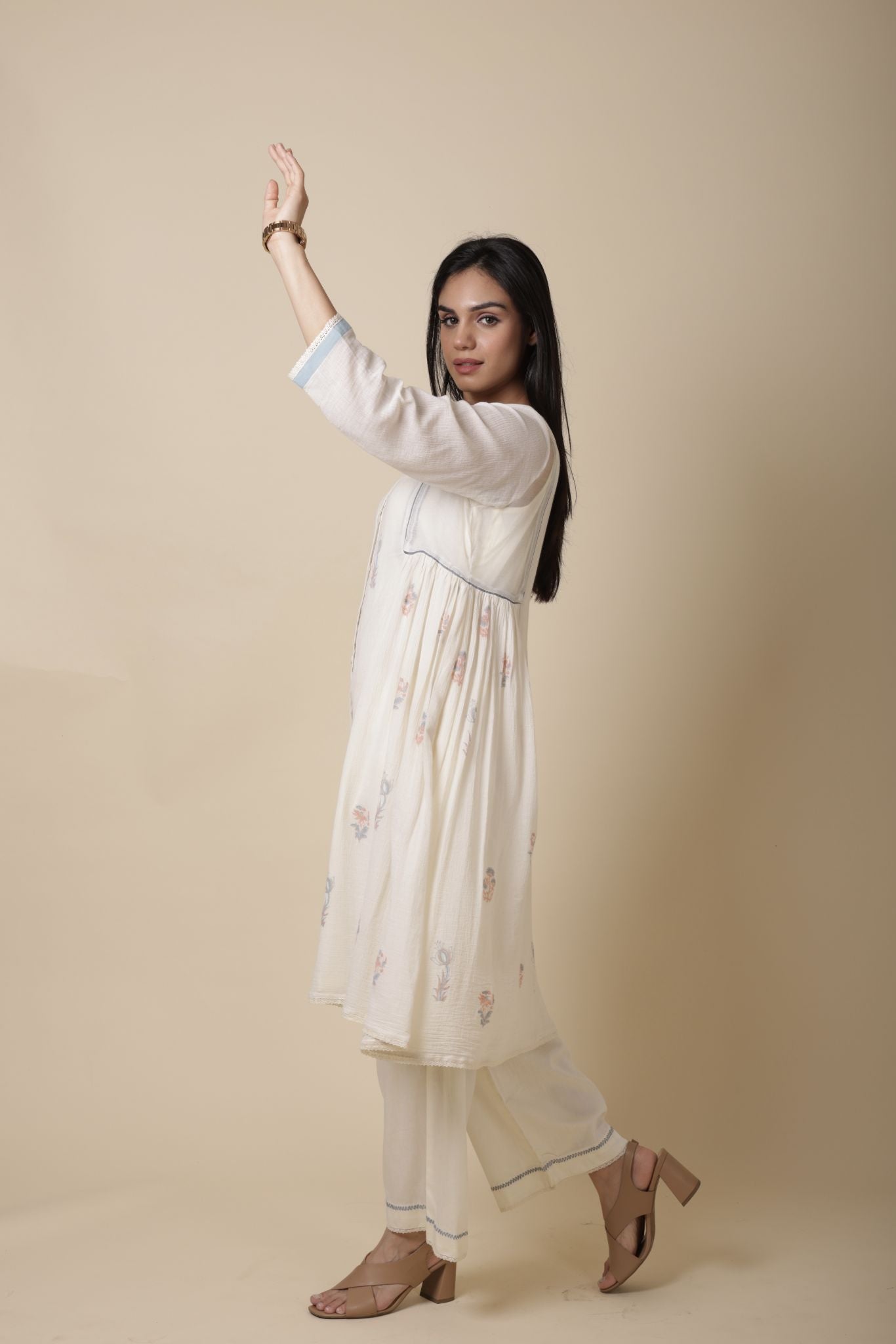 MIA WHITE BLOCK PRINTED CHANDERI SILK AND CREPE COTTON KURTA