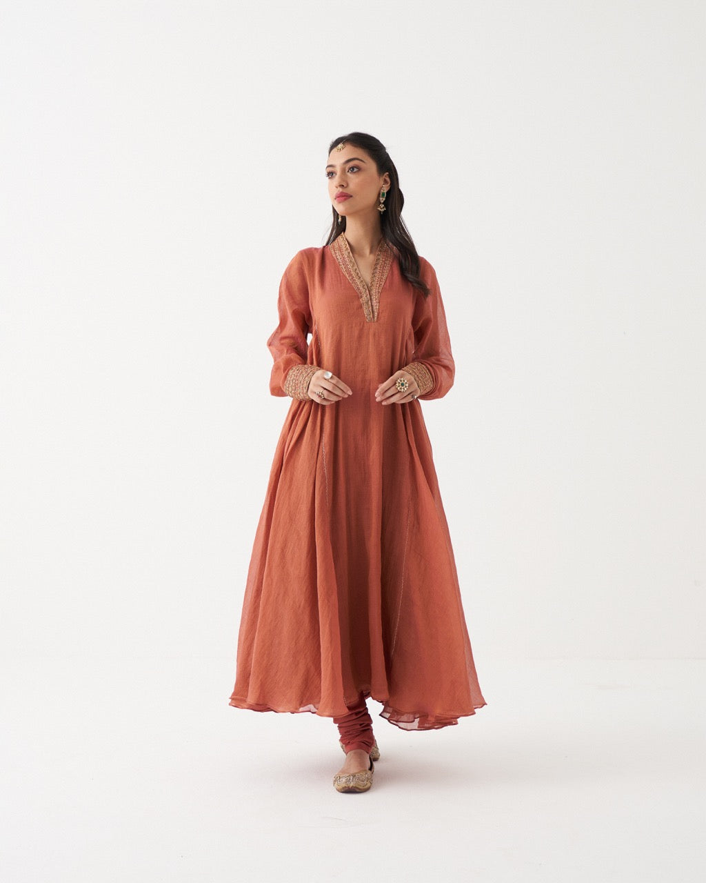 AZAIRA - RUST ORANGE HANDWOVEN TISSUE CHANDERI ANARKALI