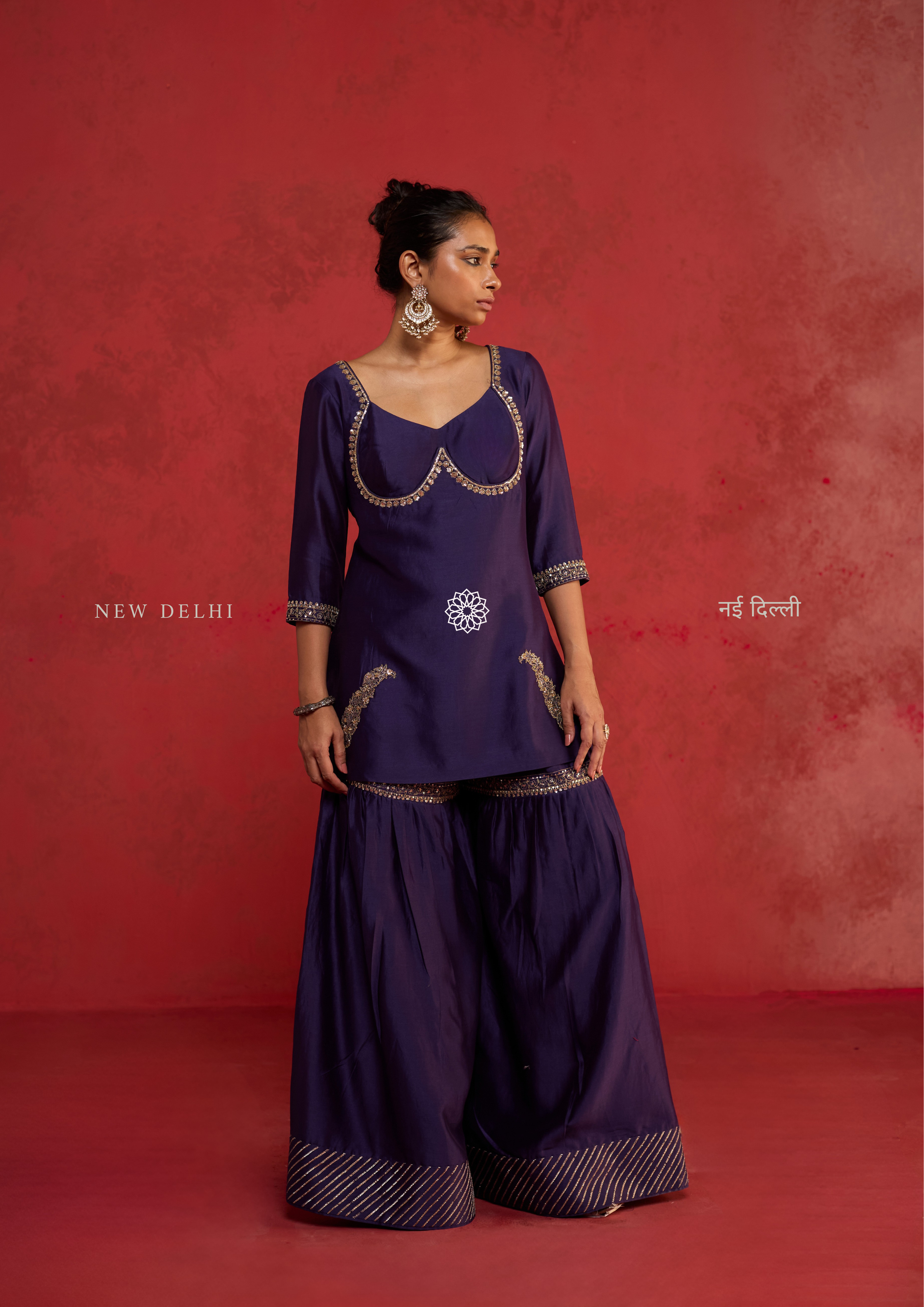 Ekta | Deep Purple Chanderi Sharara Set with Ari-Zardozi Detailing