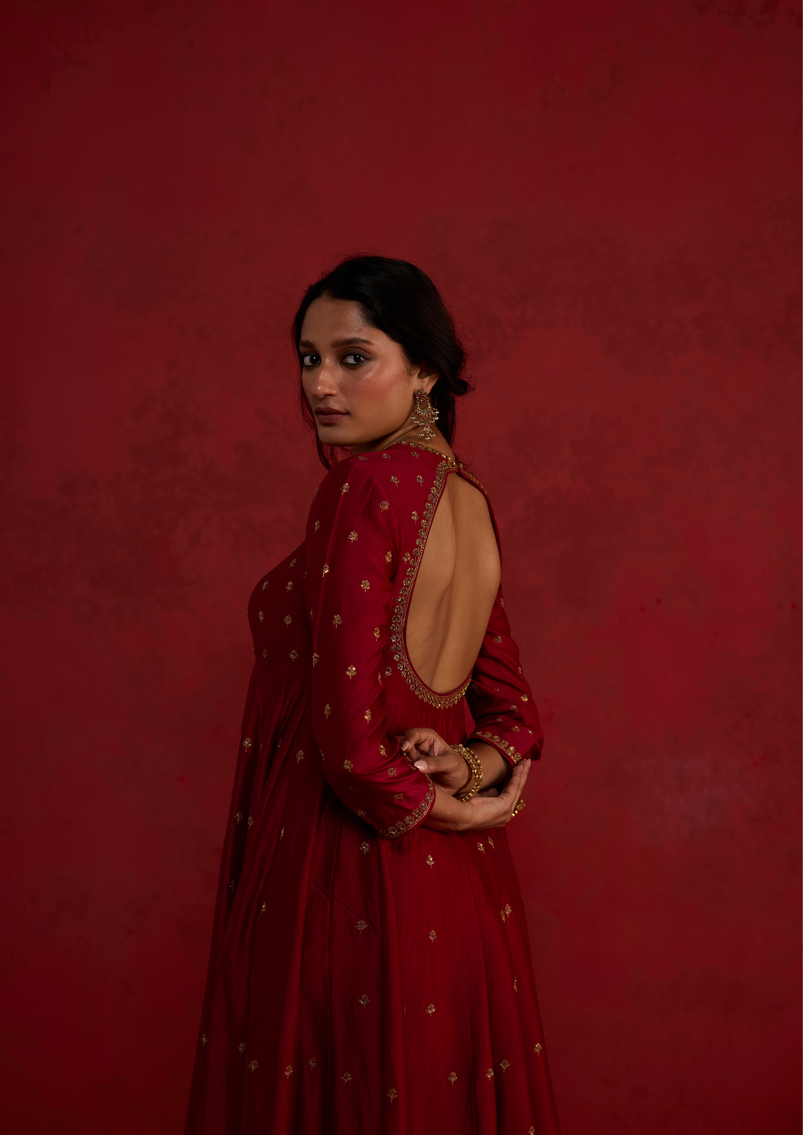 Mirka | Plum Red Chanderi Anarkali Set with Organza Dupatta
