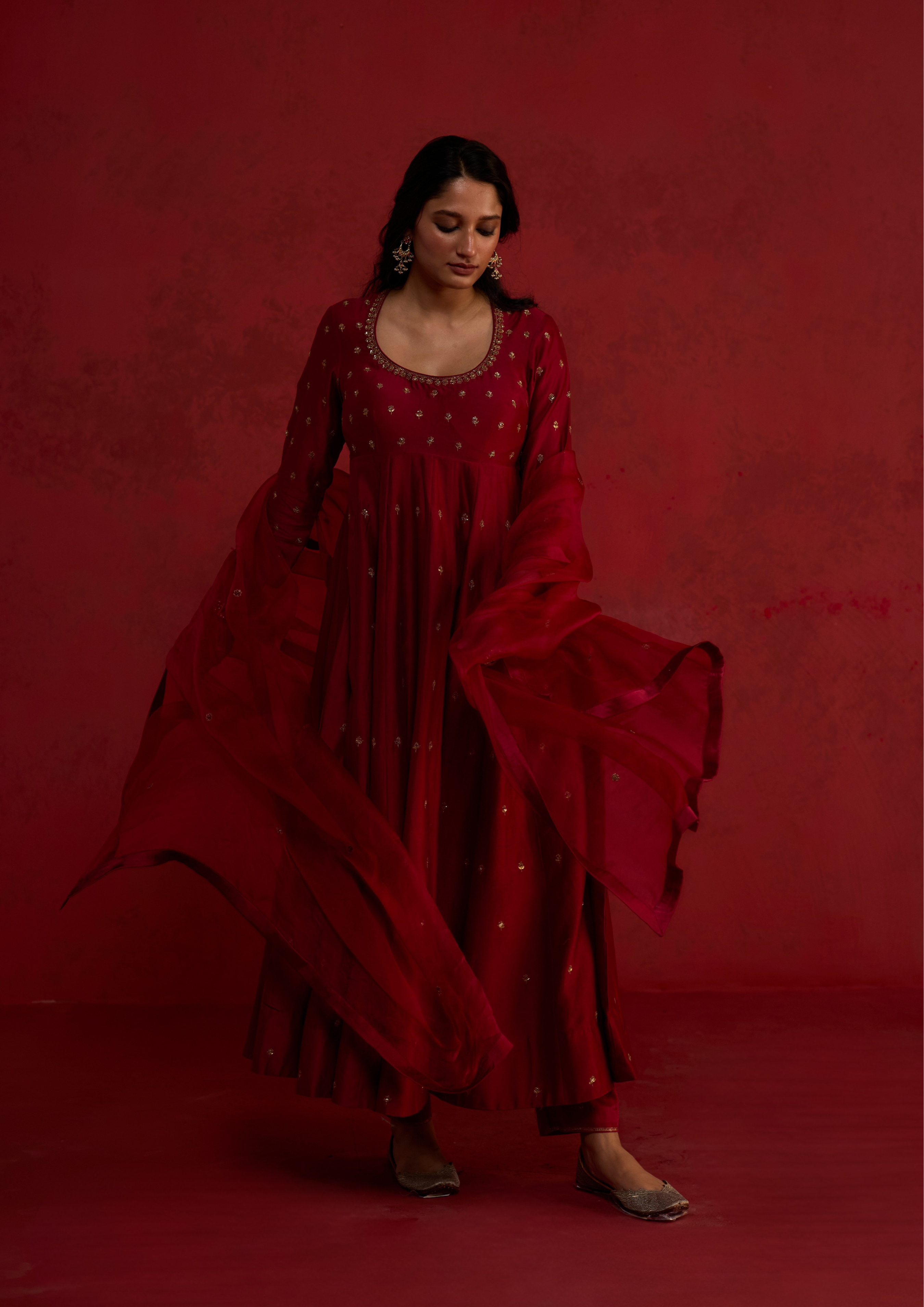 Mirka | Plum Red Chanderi Anarkali Set with Organza Dupatta