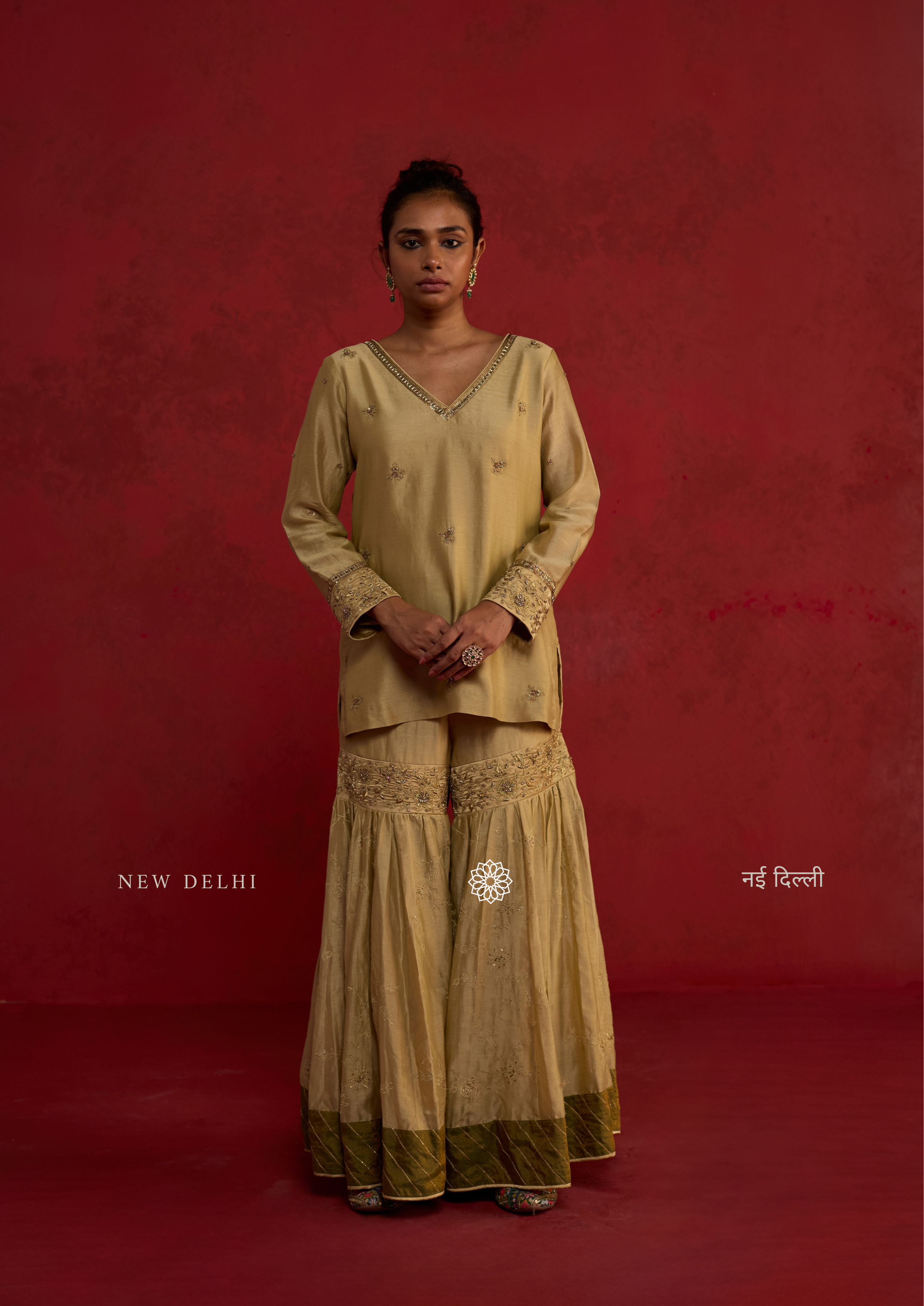 Advika | Sage Green Chanderi Sharara Set with Organza Dupatta