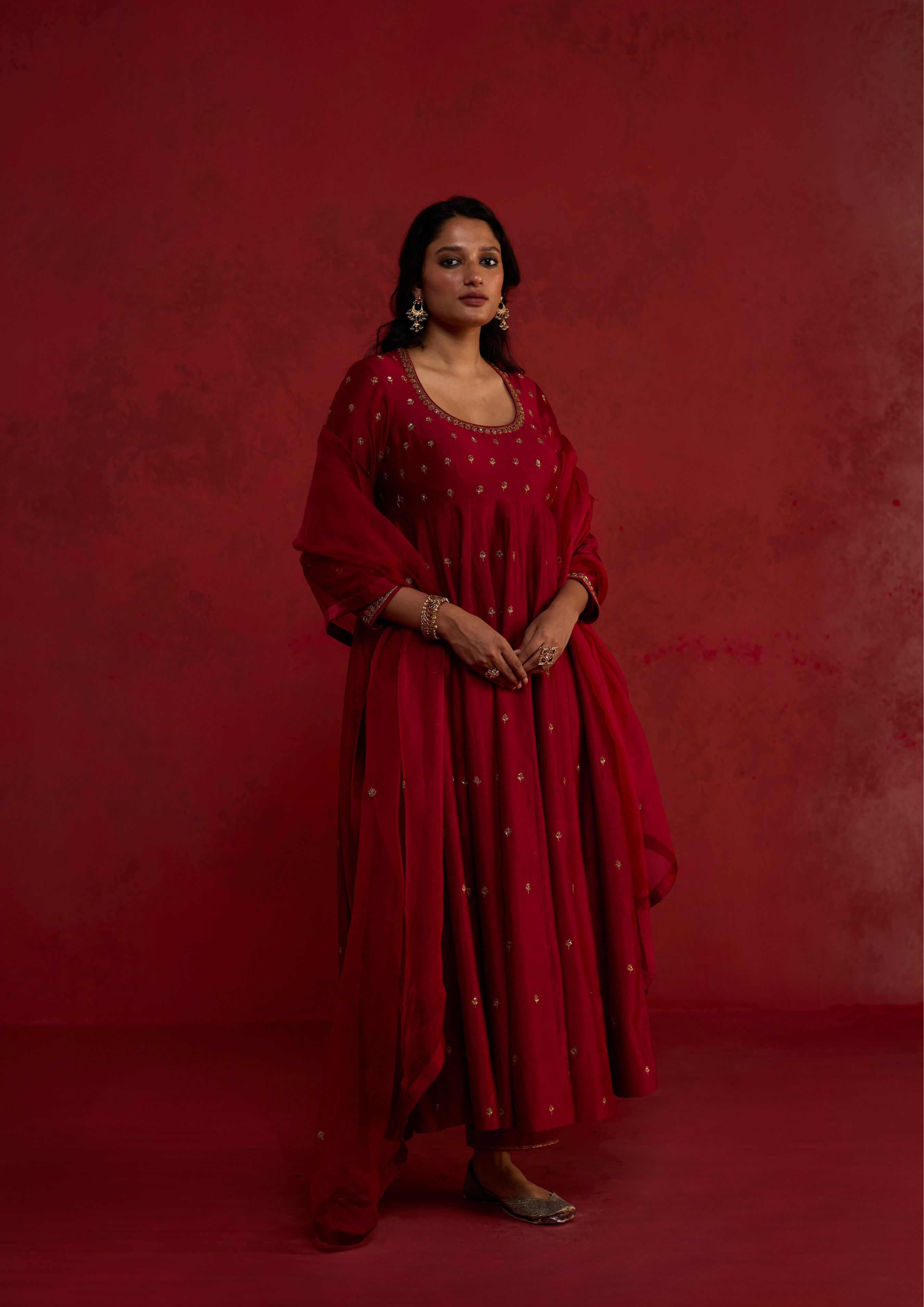 Mirka | Plum Red Chanderi Anarkali Set with Organza Dupatta