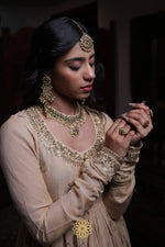 Load image into Gallery viewer, Riya - Soft Gold Tissue Chanderi Anarkali and Banarasi Tissue Sharara Paired with Soft Gold Tissue Chanderi Dupatta in Handcrafted in Ari-Zardozi Embroidery
