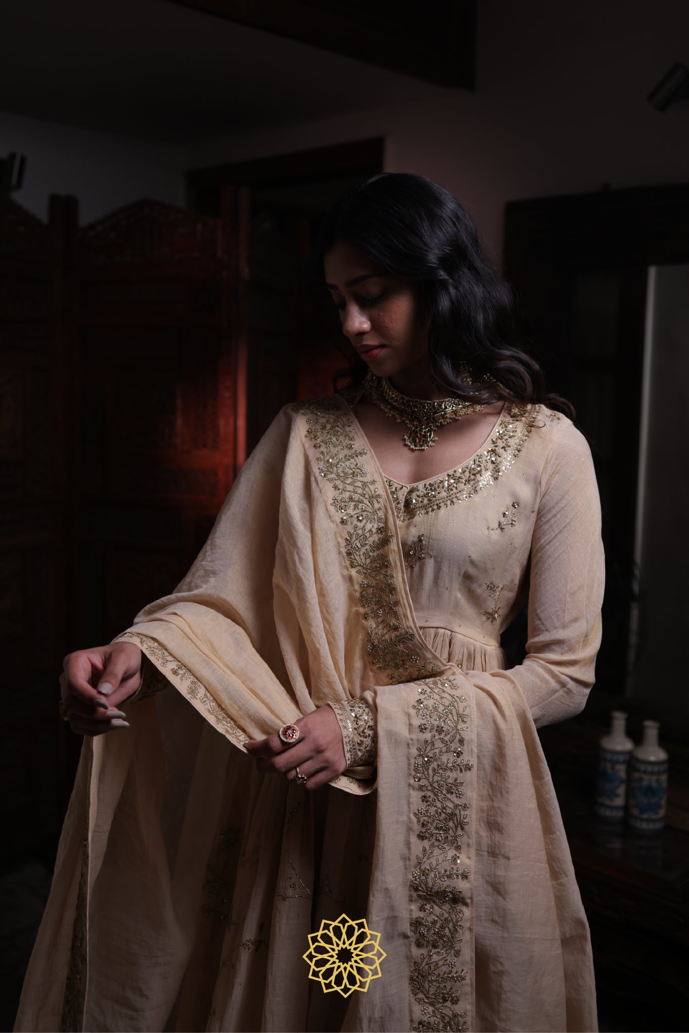 Riya - Soft Gold Tissue Chanderi Anarkali and Banarasi Tissue Sharara Paired with Soft Gold Tissue Chanderi Dupatta in Handcrafted in Ari-Zardozi Embroidery