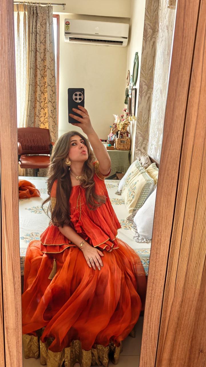 Nidhi | Burnt Orange Organza silk Lehenga with Gota and Ari-Zardozi Embroidery