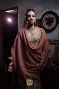 Nayani - Soft gold tissue chanderi kurta with chanderi silk blouse and benarasi silk tissue sharara paired with pink tissue chanderi dupatta in handcrafted in ari-zardozi embroidery
