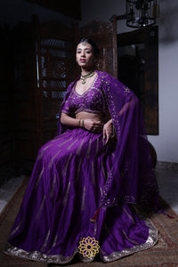 Maitri - Purple Chanderi Silk Blouse and Tonal Lehenga Paired with Net Dupatta in Handcrafted in Ari-Zardosi Embroidery and Gota Appliques