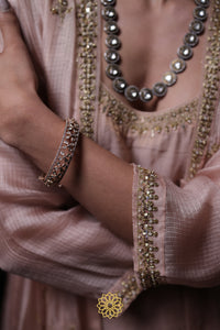 Chaitra - Soft Pink Banarasi Silk Tissue Kurta and Sharara Paired with Soft Pink Kota Silk Jacket in Handcrafted in Ari-Zardozi Embroidery