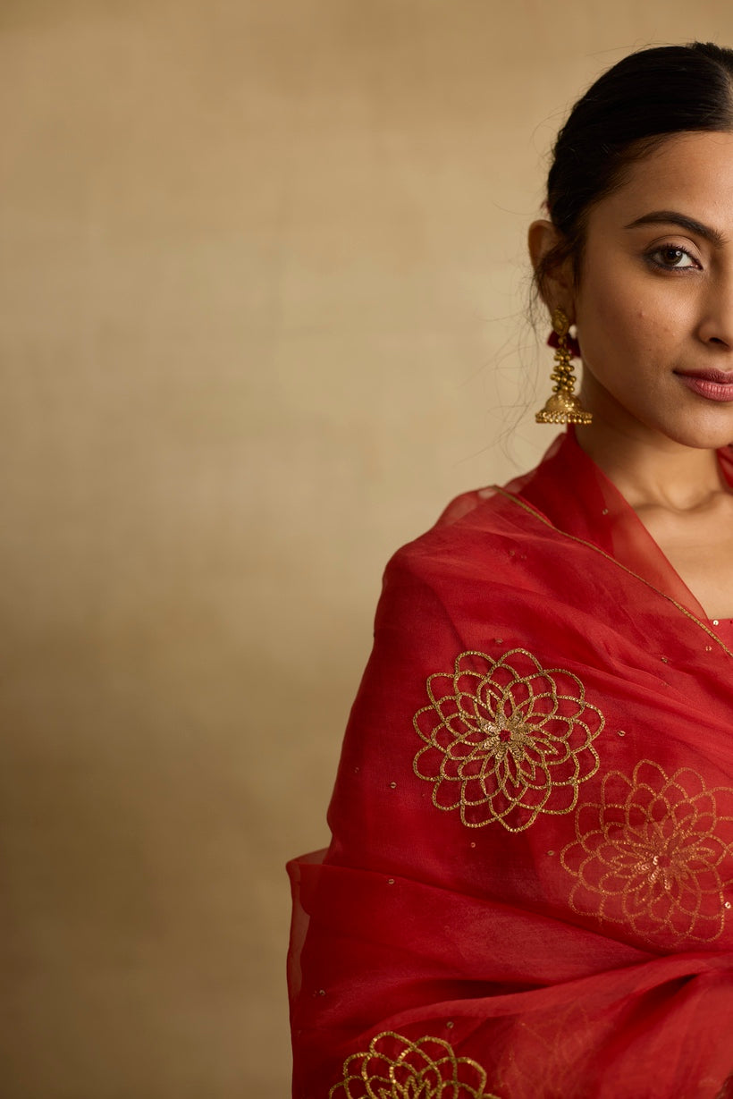 Samira - A scarlet red chanderi kurta set with handcrafted ari-zardozi embroidery.