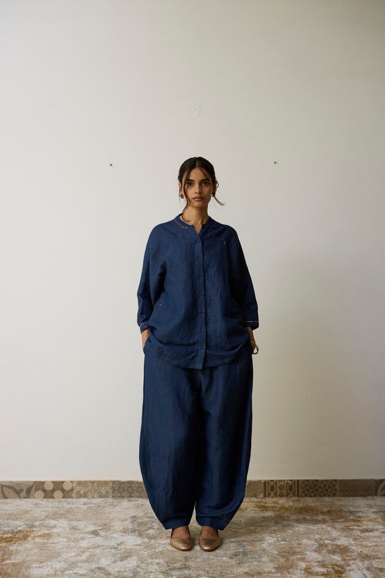 AIRA | Indigo Pure Linen Cord Set with Dabka Hand Embroidery