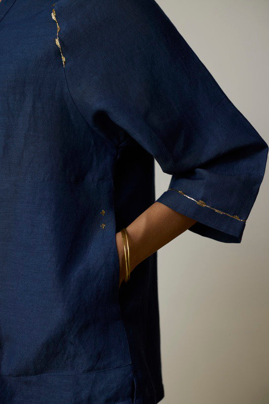 AIRA | Indigo Pure Linen Cord Set with Dabka Hand Embroidery