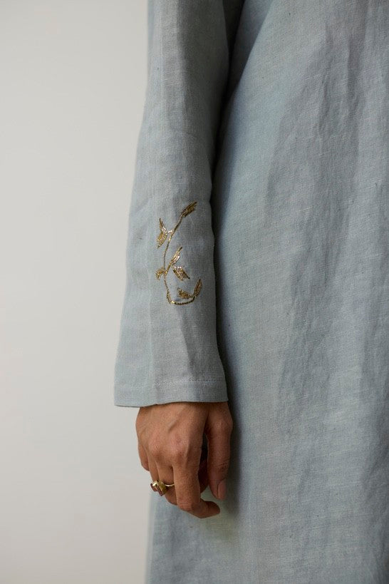 AVA | Azure Blue Pure Linen Kurta Set with Dabka Hand Embroidery