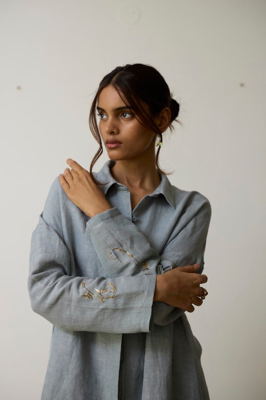 AVA | Azure Blue Pure Linen Kurta Set with Dabka Hand Embroidery