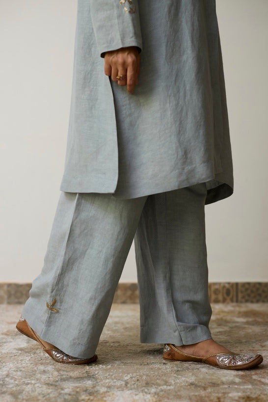 AVA | Azure Blue Pure Linen Kurta Set with Dabka Hand Embroidery