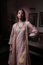 Load image into Gallery viewer, Chaitra - Soft Pink Banarasi Silk Tissue Kurta and Sharara Paired with Soft Pink Kota Silk Jacket in Handcrafted in Ari-Zardozi Embroidery
