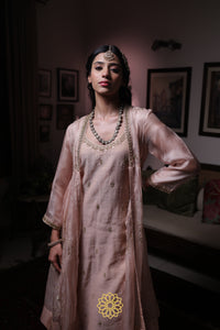 Chaitra - Soft Pink Banarasi Silk Tissue Kurta and Sharara Paired with Soft Pink Kota Silk Jacket in Handcrafted in Ari-Zardozi Embroidery
