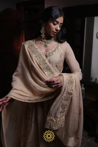 Riya - Soft Gold Tissue Chanderi Anarkali and Banarasi Tissue Sharara Paired with Soft Gold Tissue Chanderi Dupatta in Handcrafted in Ari-Zardozi Embroidery