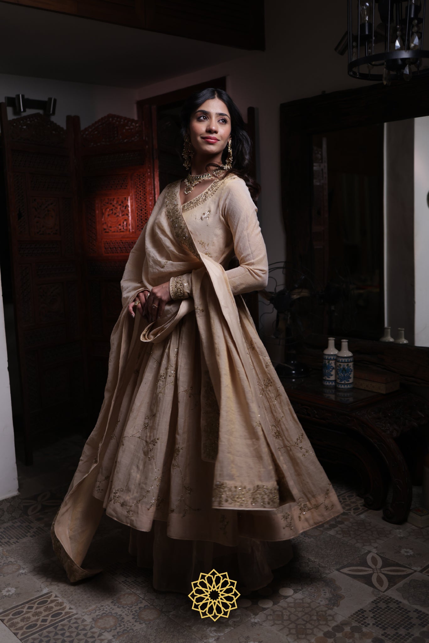 Riya - Soft Gold Tissue Chanderi Anarkali and Banarasi Tissue Sharara Paired with Soft Gold Tissue Chanderi Dupatta in Handcrafted in Ari-Zardozi Embroidery