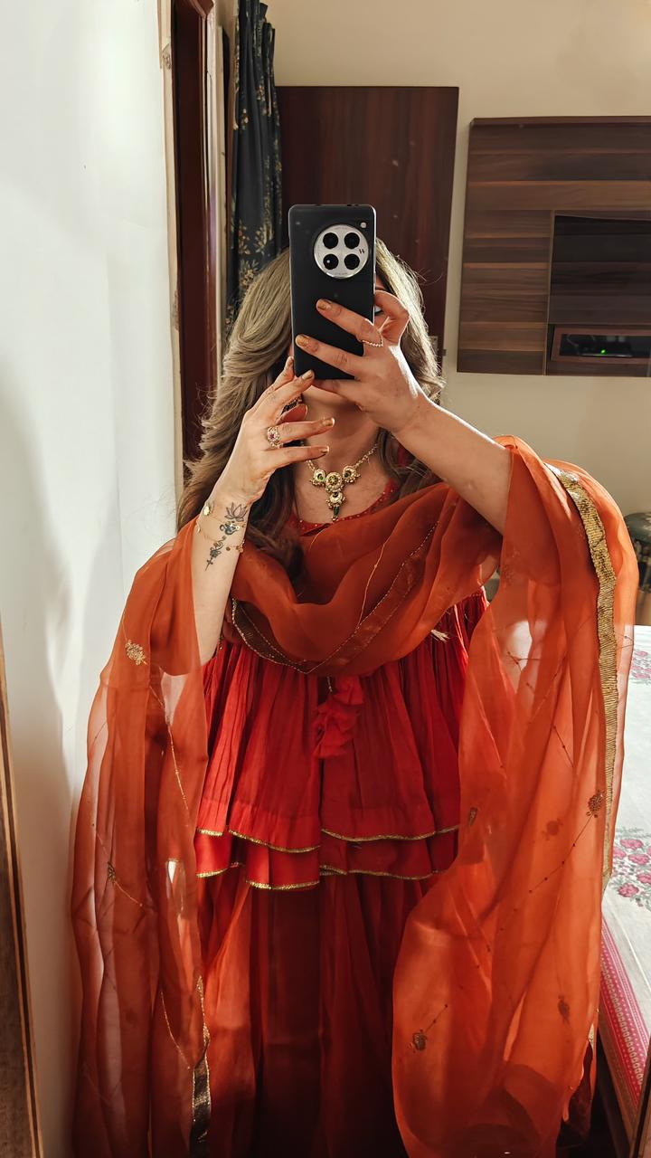 Nidhi | Burnt Orange Organza silk Lehenga with Gota and Ari-Zardozi Embroidery