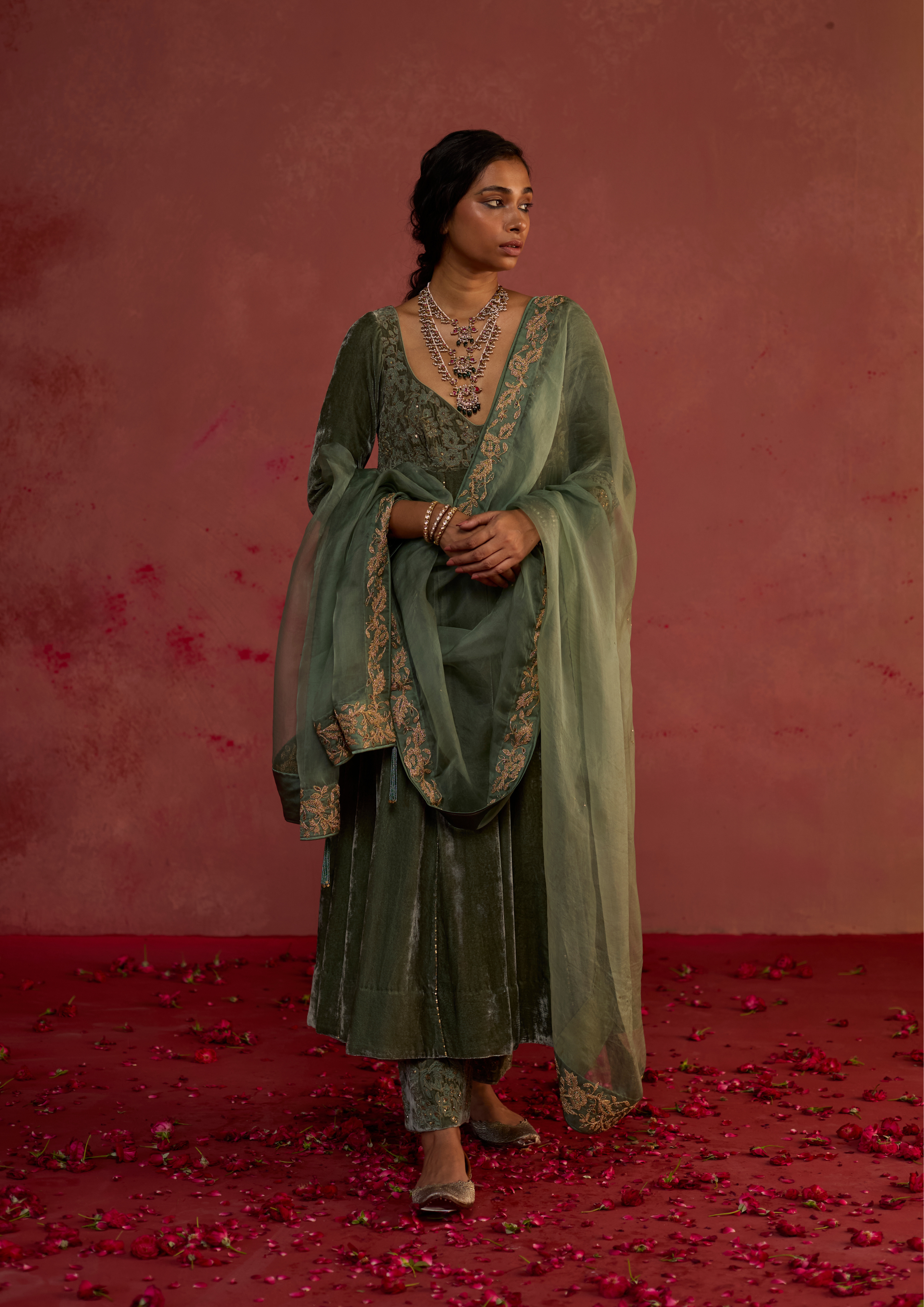 Arisha | Velvet Anarkali Kurta Set with Organza Dupatta