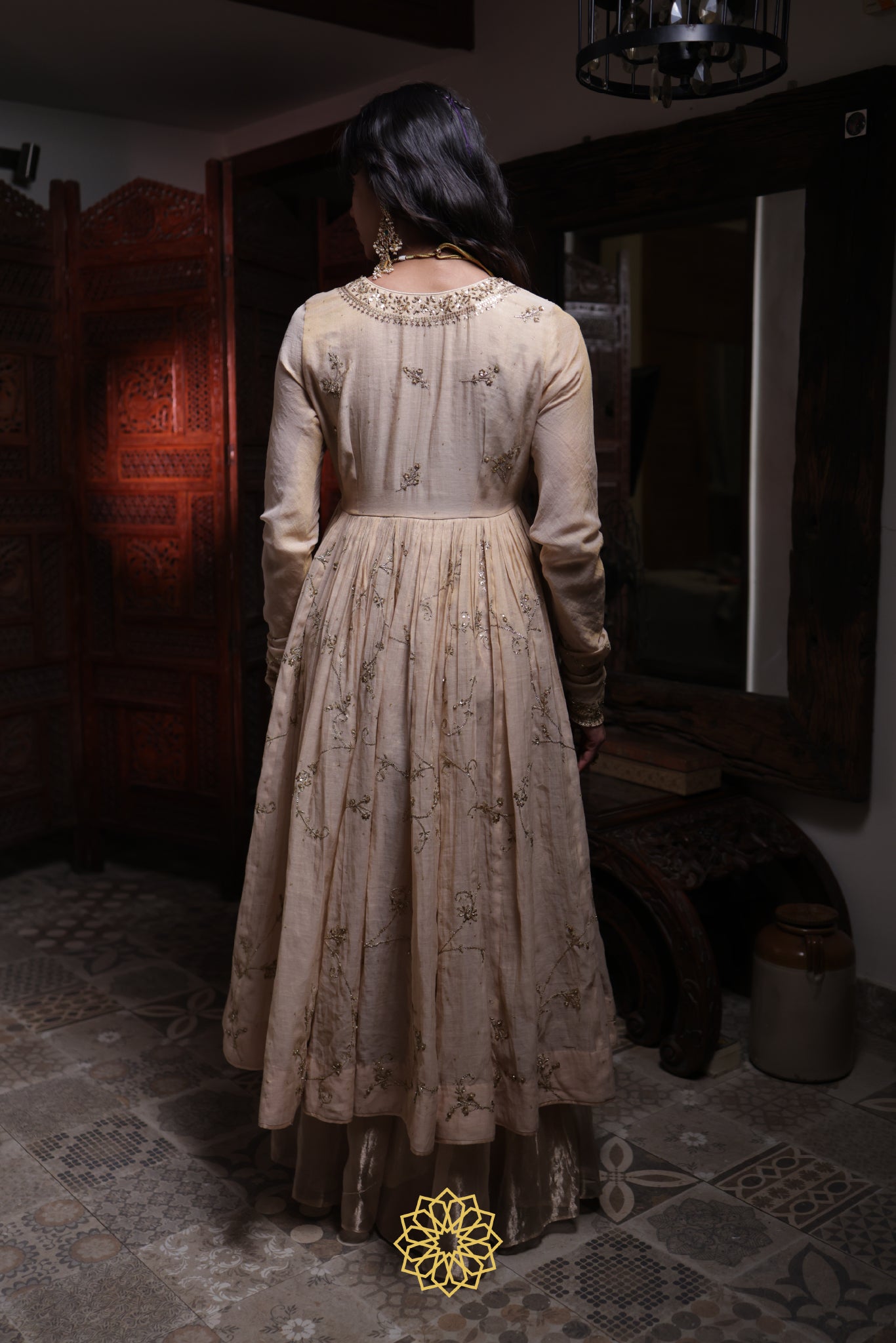 Riya - Soft Gold Tissue Chanderi Anarkali and Banarasi Tissue Sharara Paired with Soft Gold Tissue Chanderi Dupatta in Handcrafted in Ari-Zardozi Embroidery