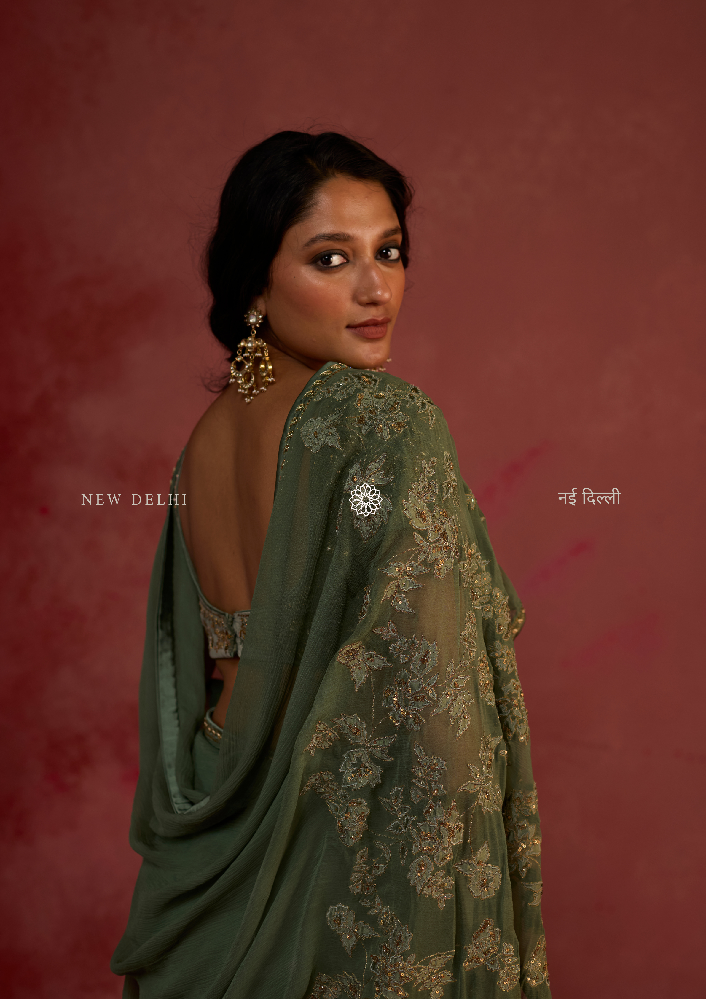 Anaira | Olive Green Chiffon Saree with Velvet Patch Pallu