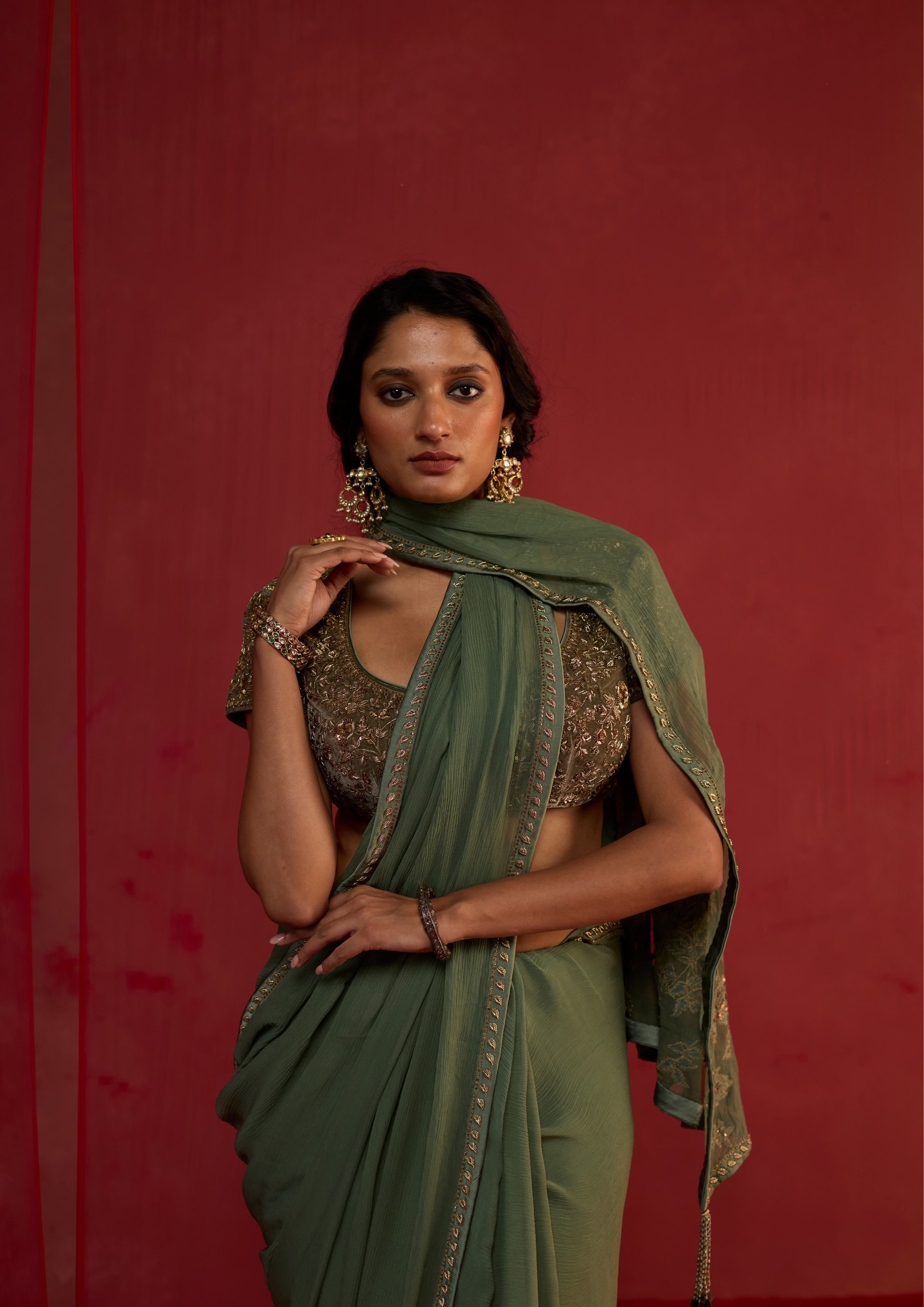 Anaira | Olive Green Chiffon Saree with Velvet Patch Pallu