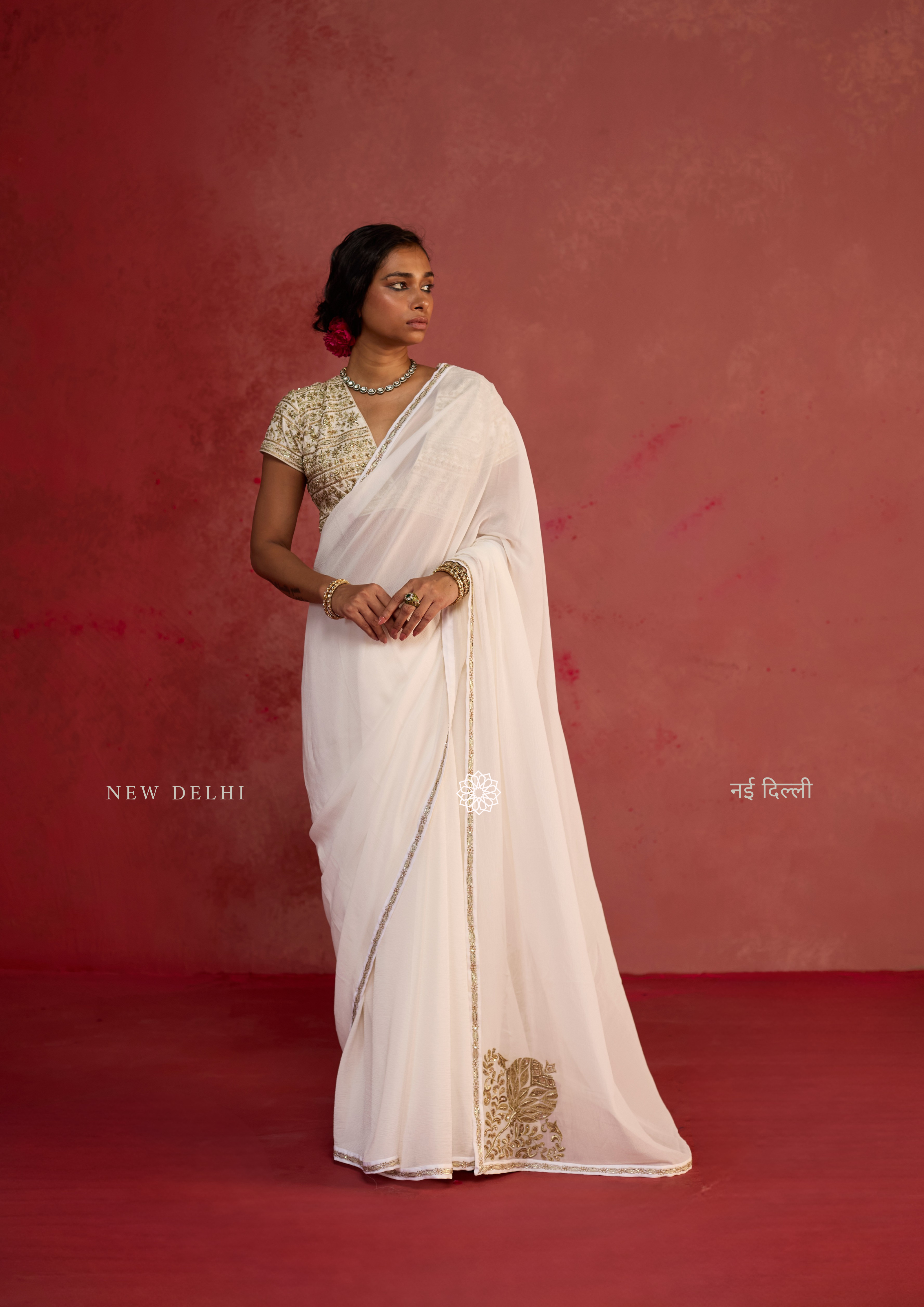 Tamara | Ivory Chiffon Saree with Dupion Silk Blouse