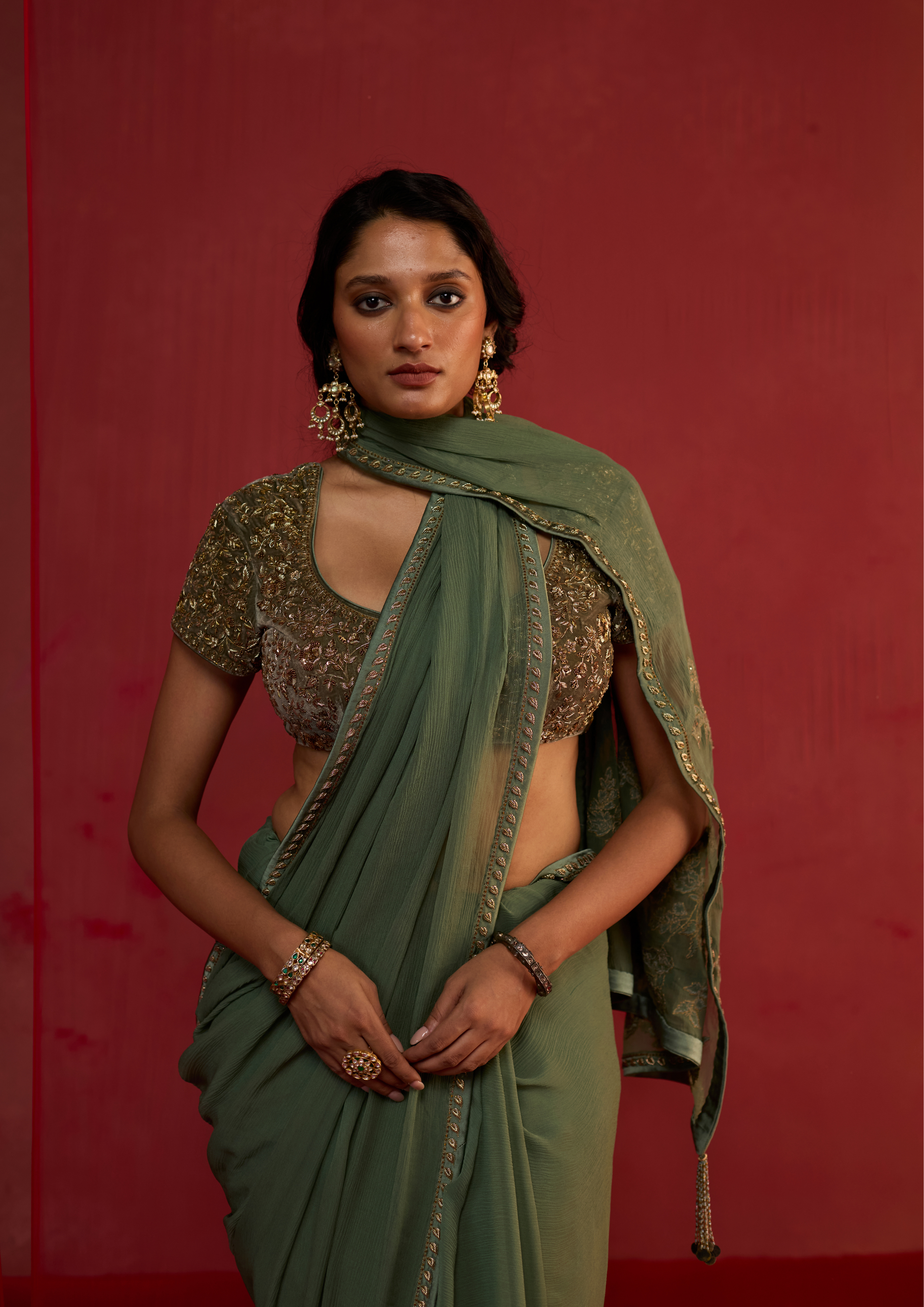 Anaira | Olive Green Chiffon Saree with Velvet Patch Pallu