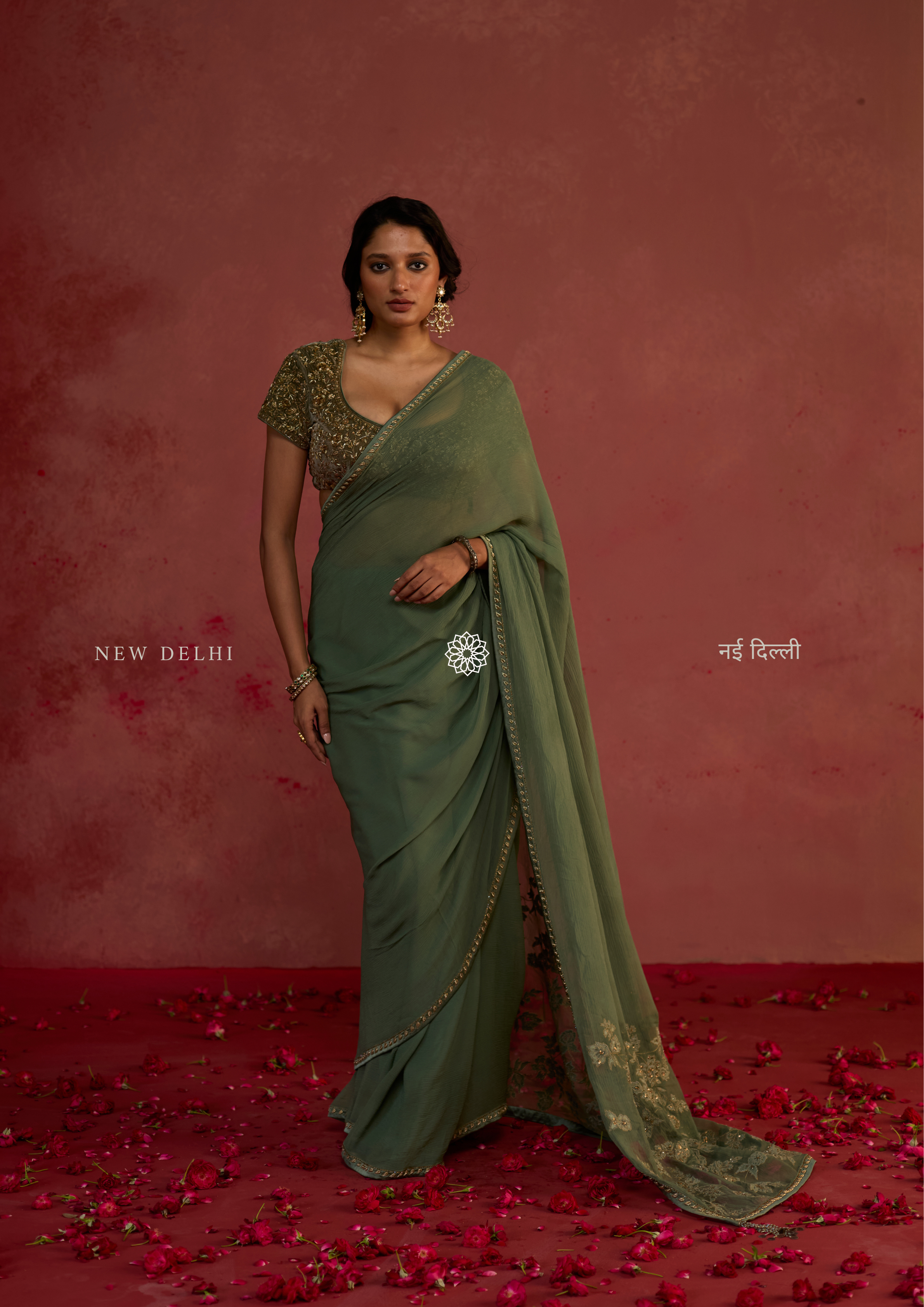 Anaira | Olive Green Chiffon Saree with Velvet Patch Pallu