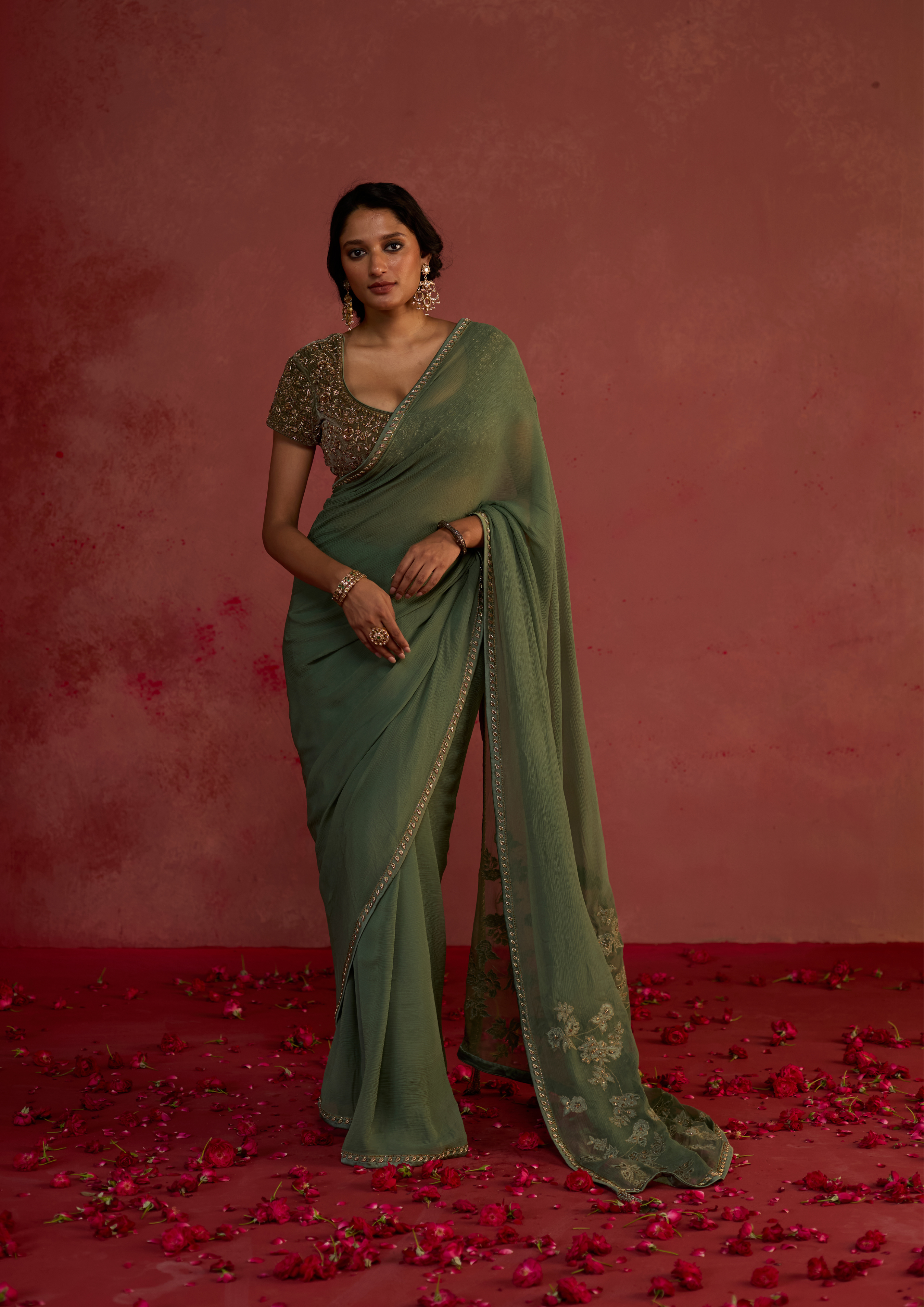 Anaira | Olive Green Chiffon Saree with Velvet Patch Pallu