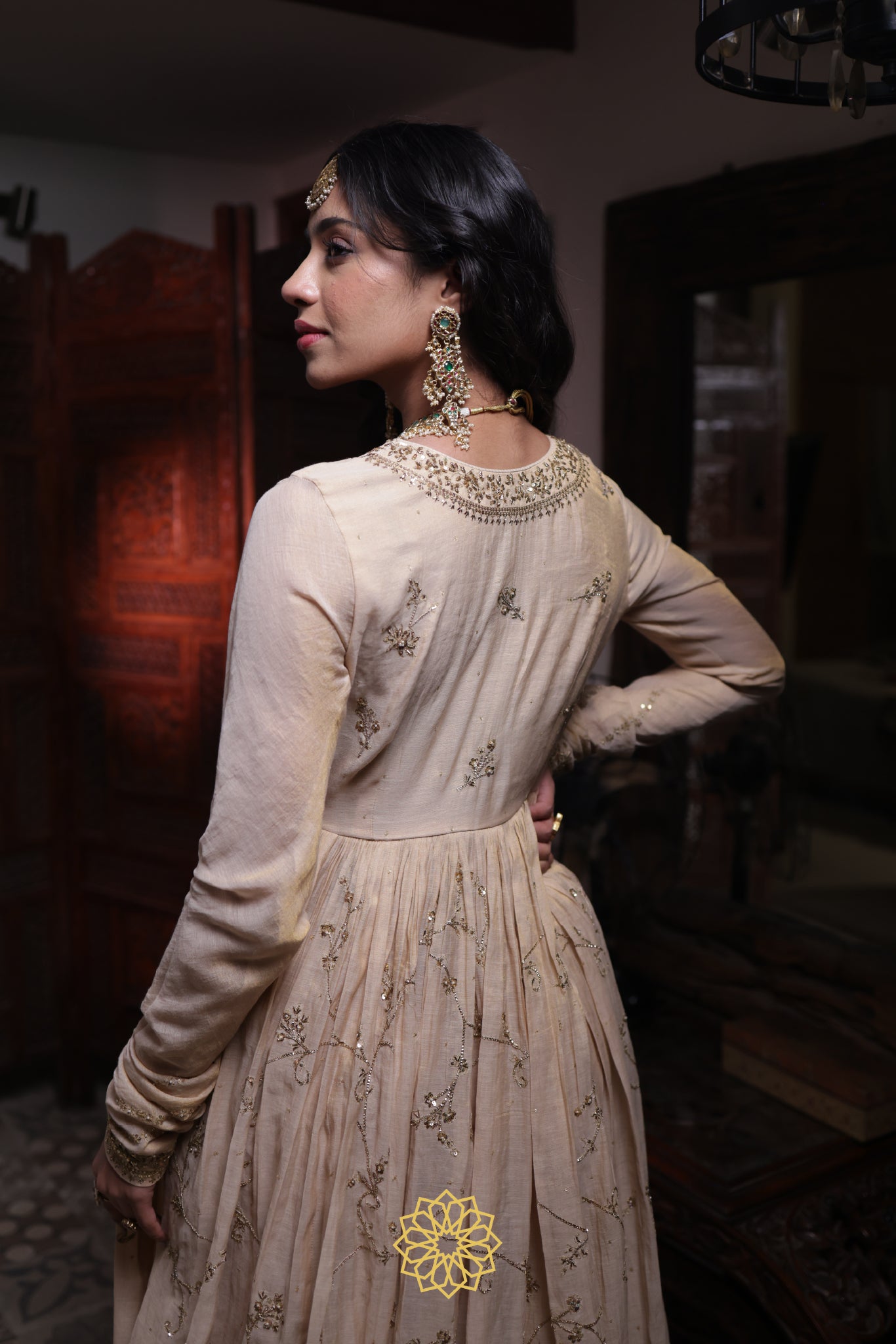 Riya - Soft Gold Tissue Chanderi Anarkali and Banarasi Tissue Sharara Paired with Soft Gold Tissue Chanderi Dupatta in Handcrafted in Ari-Zardozi Embroidery