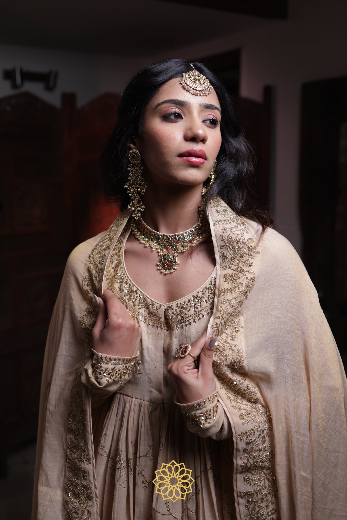 Riya - Soft Gold Tissue Chanderi Anarkali and Banarasi Tissue Sharara Paired with Soft Gold Tissue Chanderi Dupatta in Handcrafted in Ari-Zardozi Embroidery