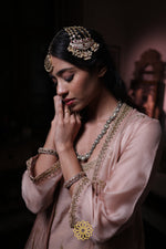 Load image into Gallery viewer, Chaitra - Soft Pink Banarasi Silk Tissue Kurta and Sharara Paired with Soft Pink Kota Silk Jacket in Handcrafted in Ari-Zardozi Embroidery
