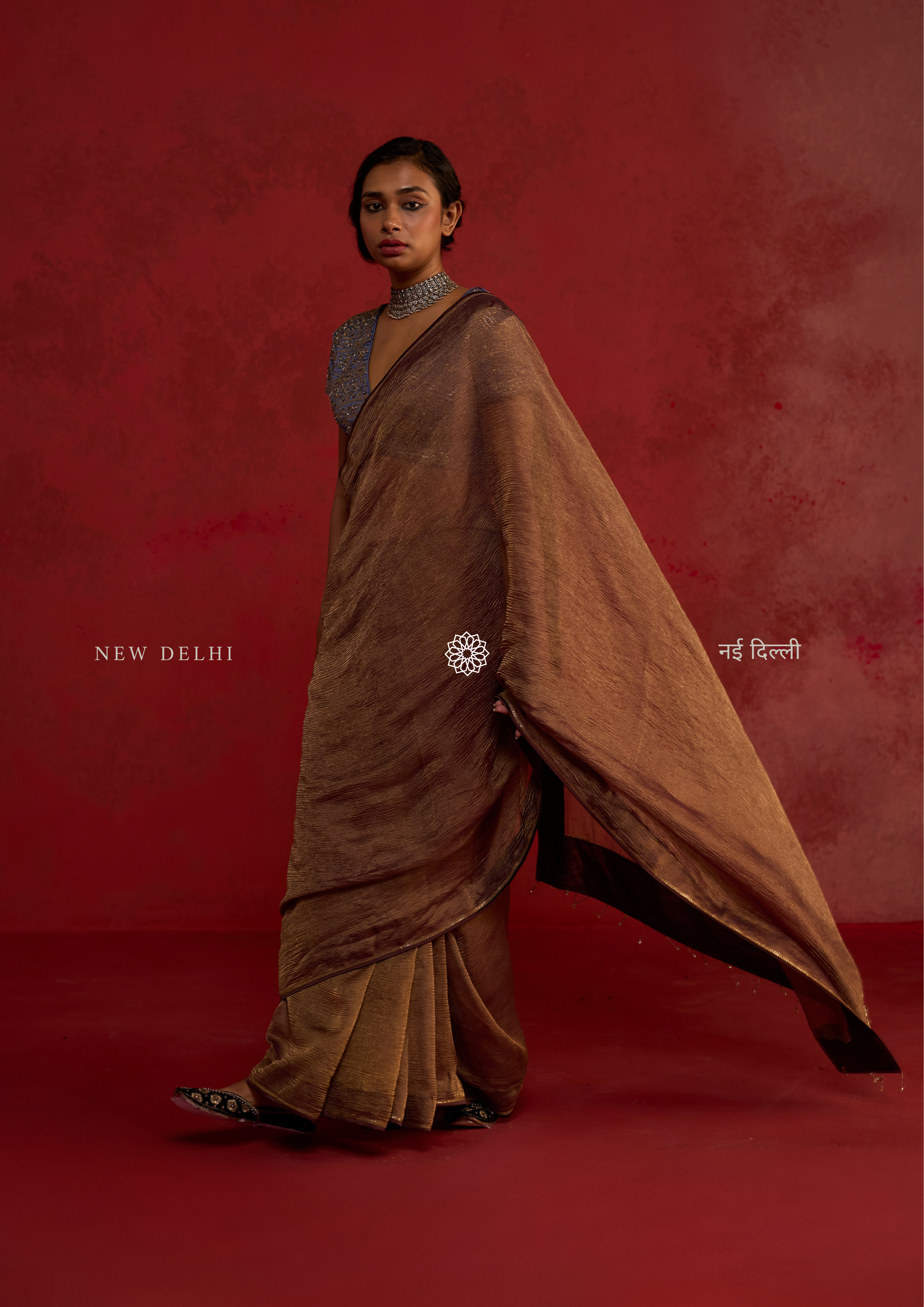 Aarvi | Bronze Crushed Tissue Saree with Silk Blouse