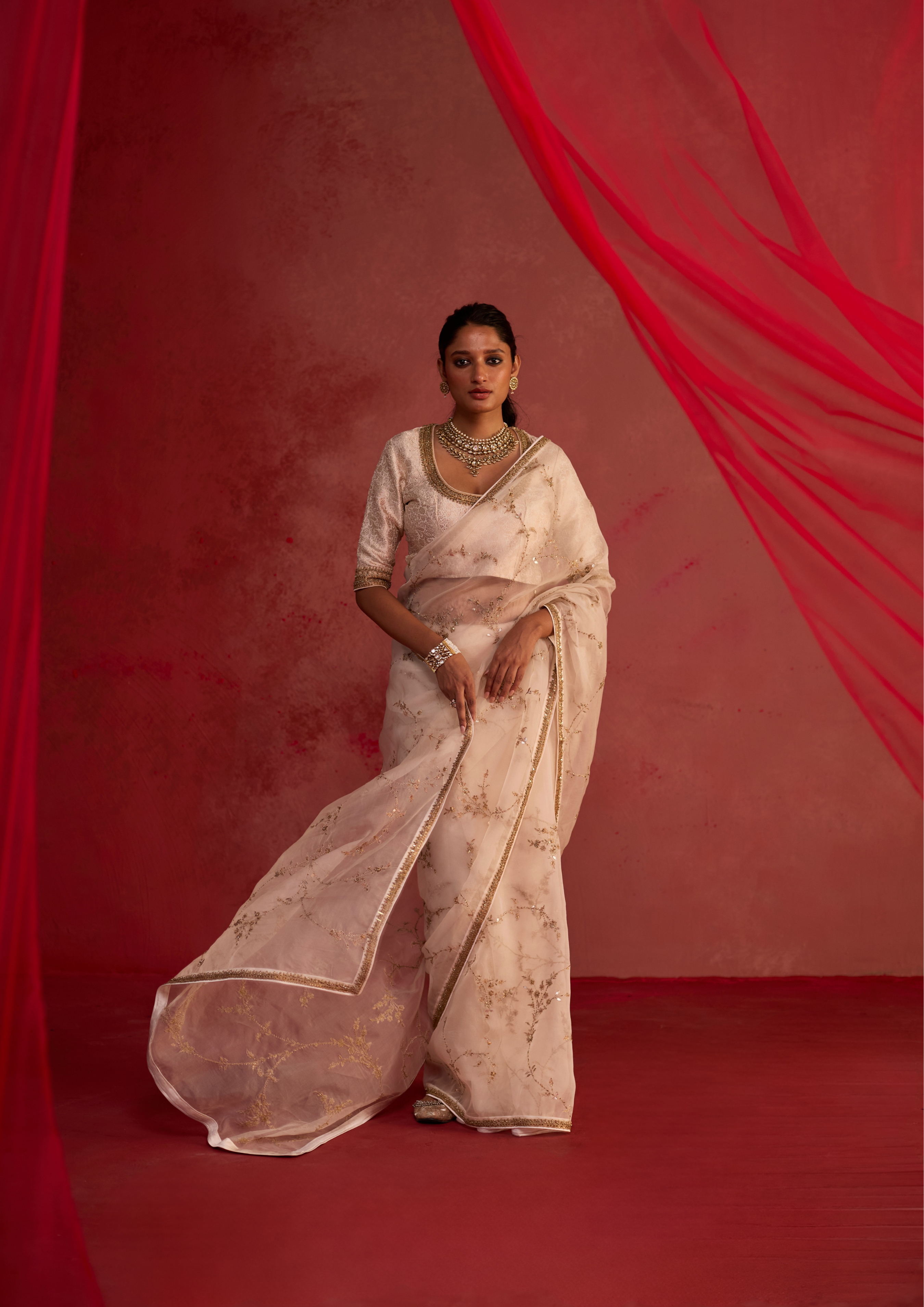 Niyati | Ivory Organza Saree with Brocade Blouse