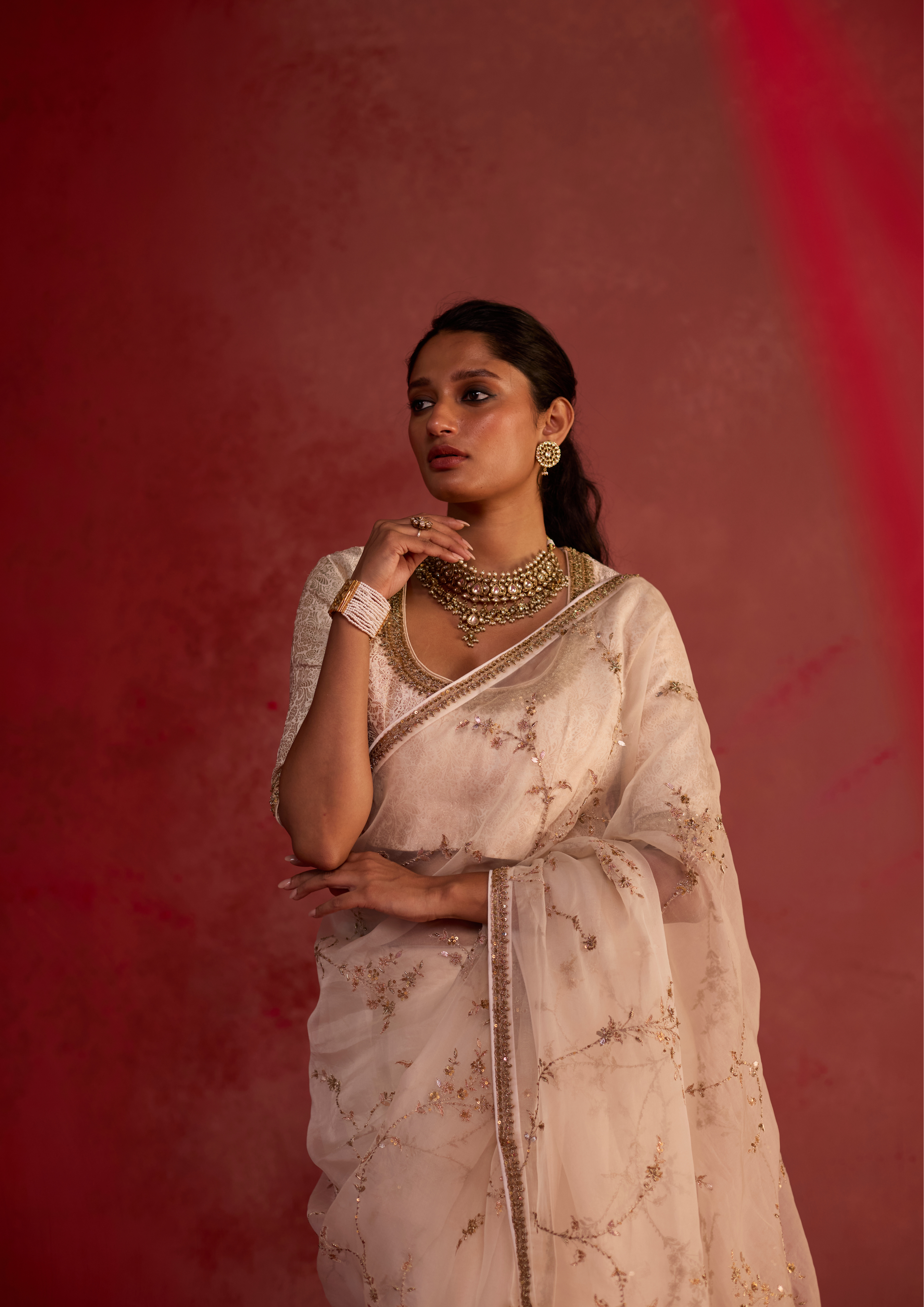 Niyati | Ivory Organza Saree with Brocade Blouse