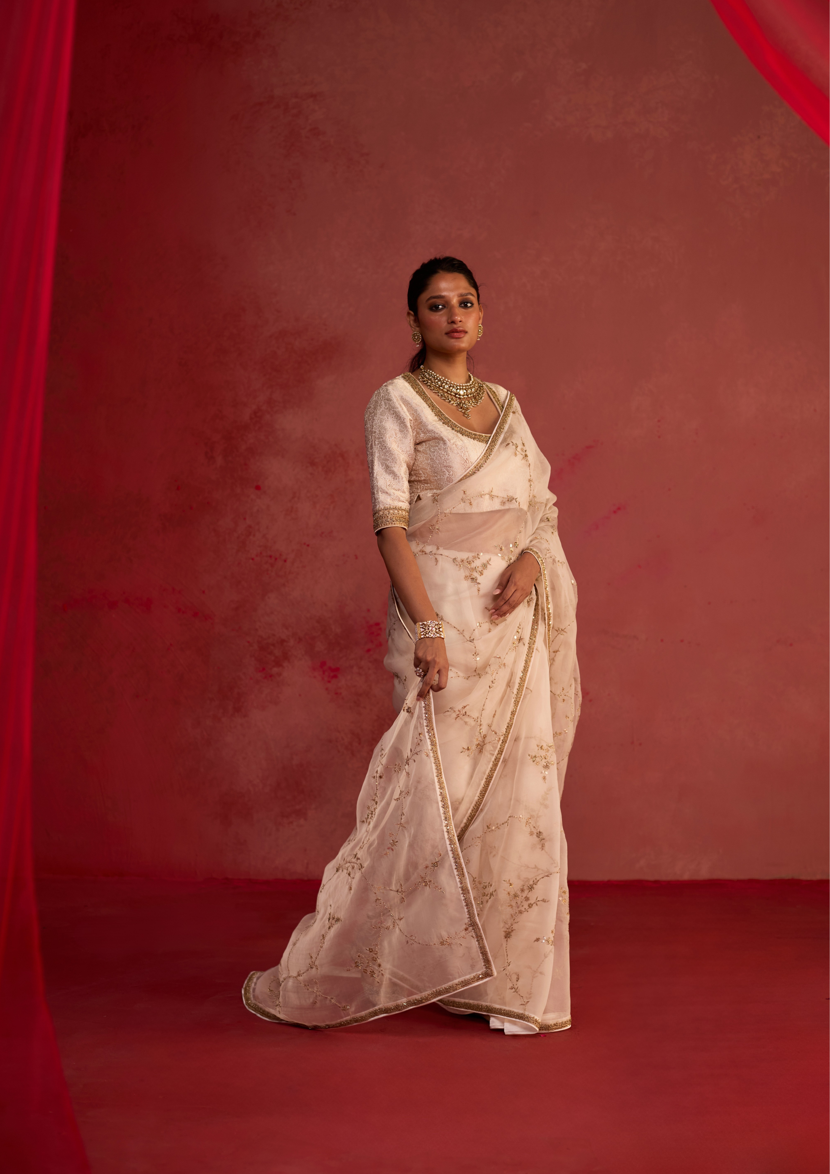 Niyati | Ivory Organza Saree with Brocade Blouse