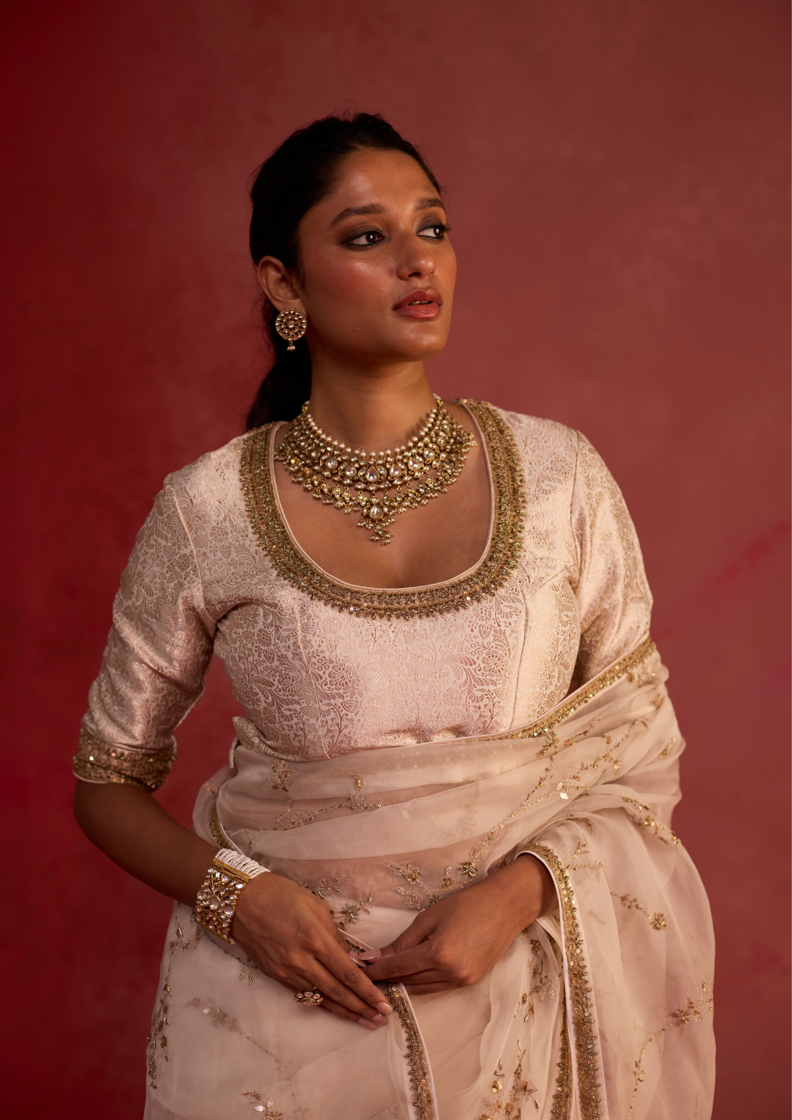 Niyati | Ivory Organza Saree with Brocade Blouse