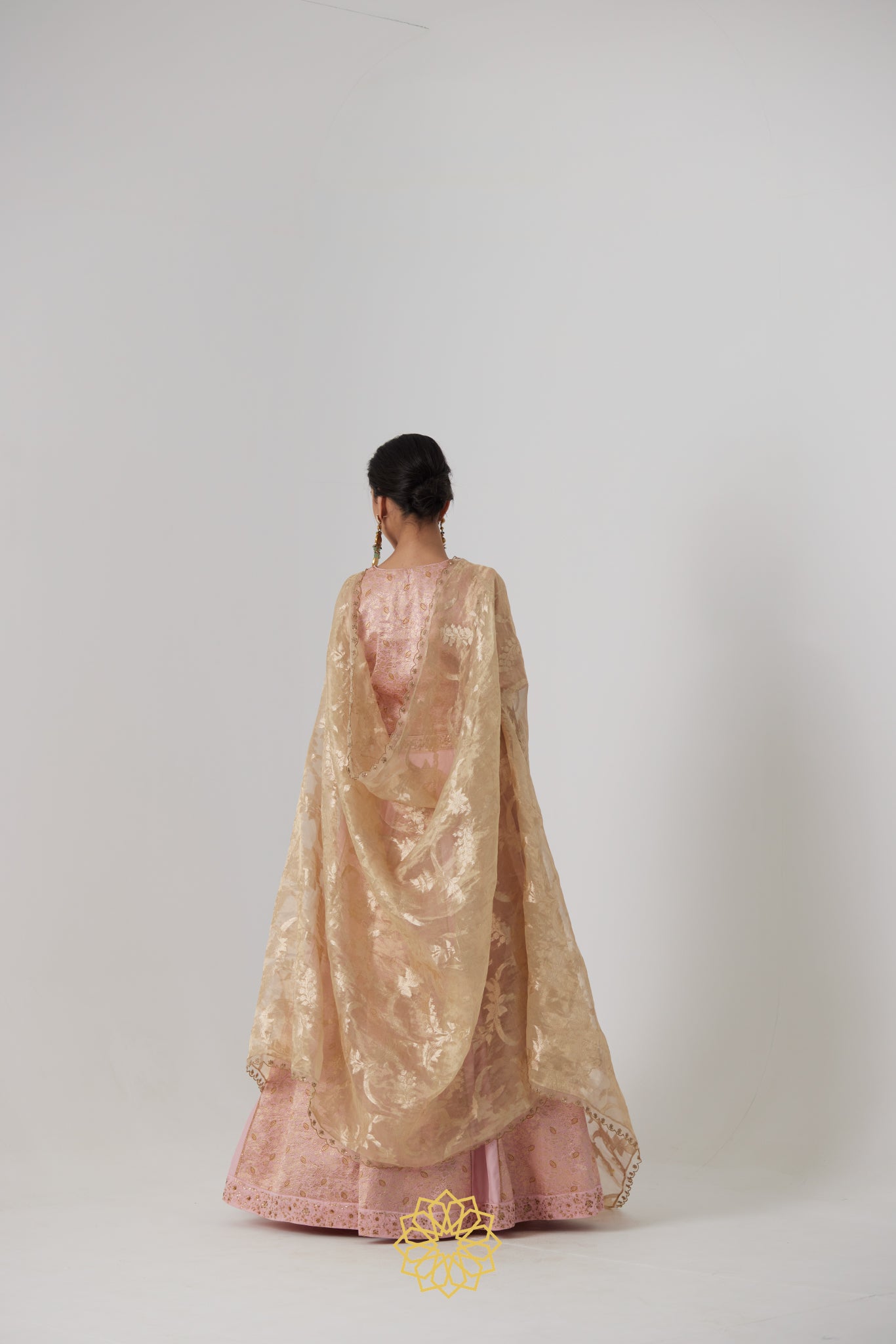 Aachal - Soft pink handcrafted panelled benarasi silk brocade and pure silk lehenga with soft pink benarasi silk brocade blouse