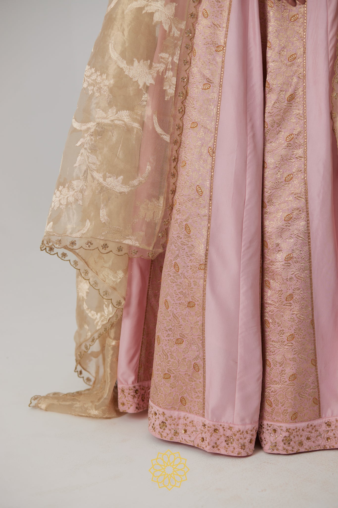 Aachal - Soft pink handcrafted panelled benarasi silk brocade and pure silk lehenga with soft pink benarasi silk brocade blouse