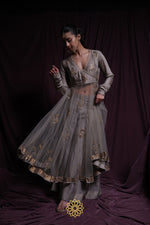 Load image into Gallery viewer, Aashna - Soft grey chanderi silk anarkali and tonal sharara paired with pink tissue chanderi dupatta handcrafted in ari-zardosi embroidery
