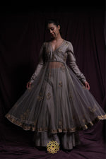 Load image into Gallery viewer, Aashna - Soft grey chanderi silk anarkali and tonal sharara paired with pink tissue chanderi dupatta handcrafted in ari-zardosi embroidery
