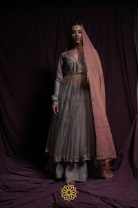Aashna - Soft grey chanderi silk anarkali and tonal sharara paired with pink tissue chanderi dupatta handcrafted in ari-zardosi embroidery