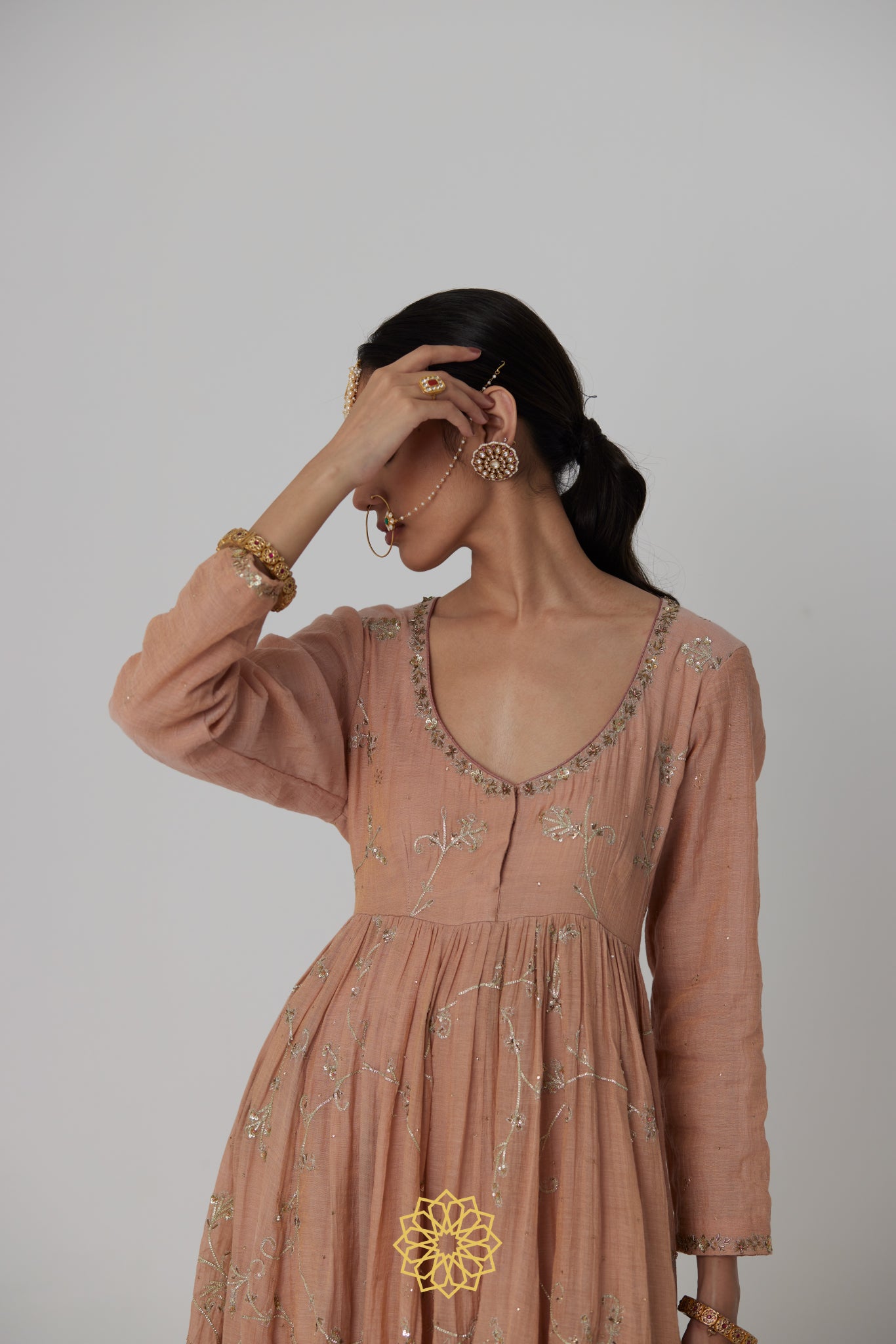 Akriti - A soft pink handcrafted tissue chanderi anarkali with benarasi gold sharara
