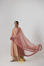 Load image into Gallery viewer, Akriti - A soft pink handcrafted tissue chanderi anarkali with benarasi gold sharara
