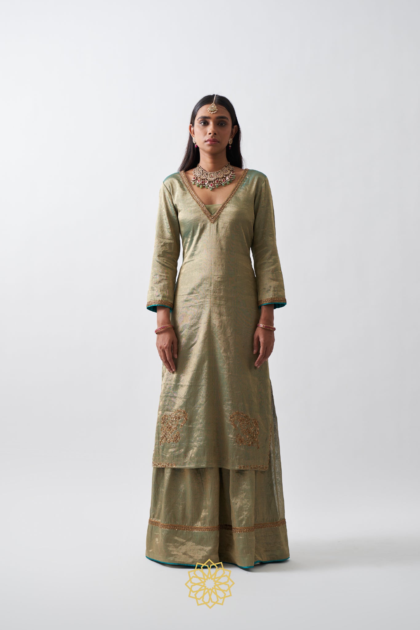 AMYRA HANDWOVEN EMBROIDERED PISTACHIO GREEN SHARARA