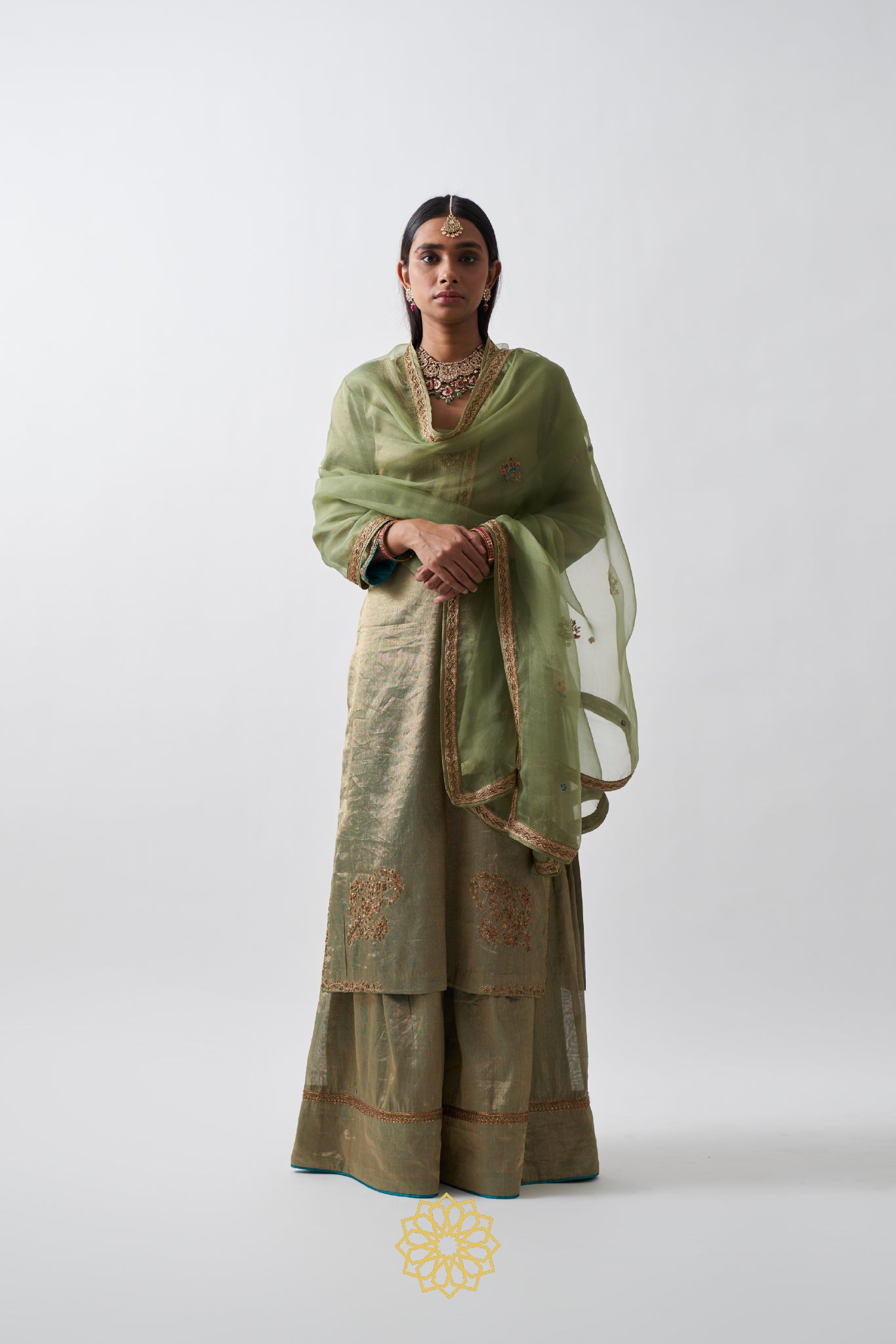 AMYRA HANDWOVEN EMBROIDERED PISTACHIO GREEN SHARARA